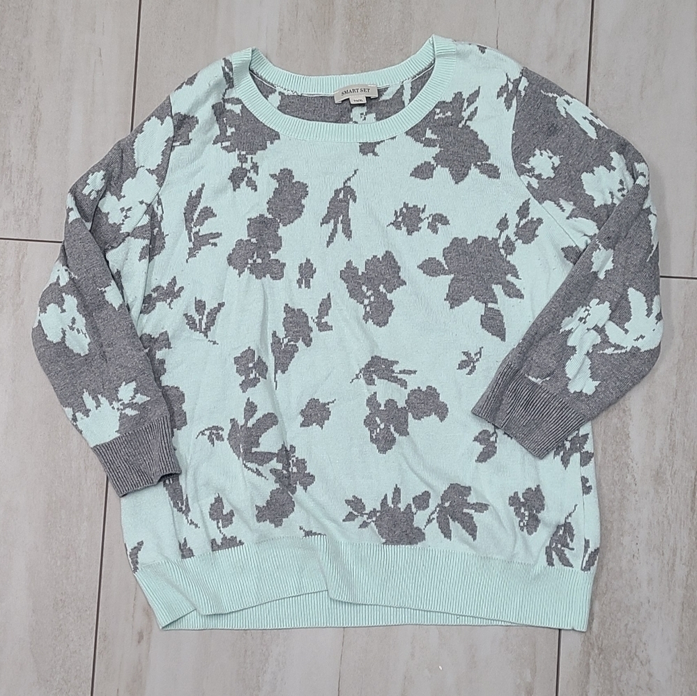 Tiffany Mint Gray Chic Floral Sweater Contrast Camo Art Cotton Wool Top Pullover